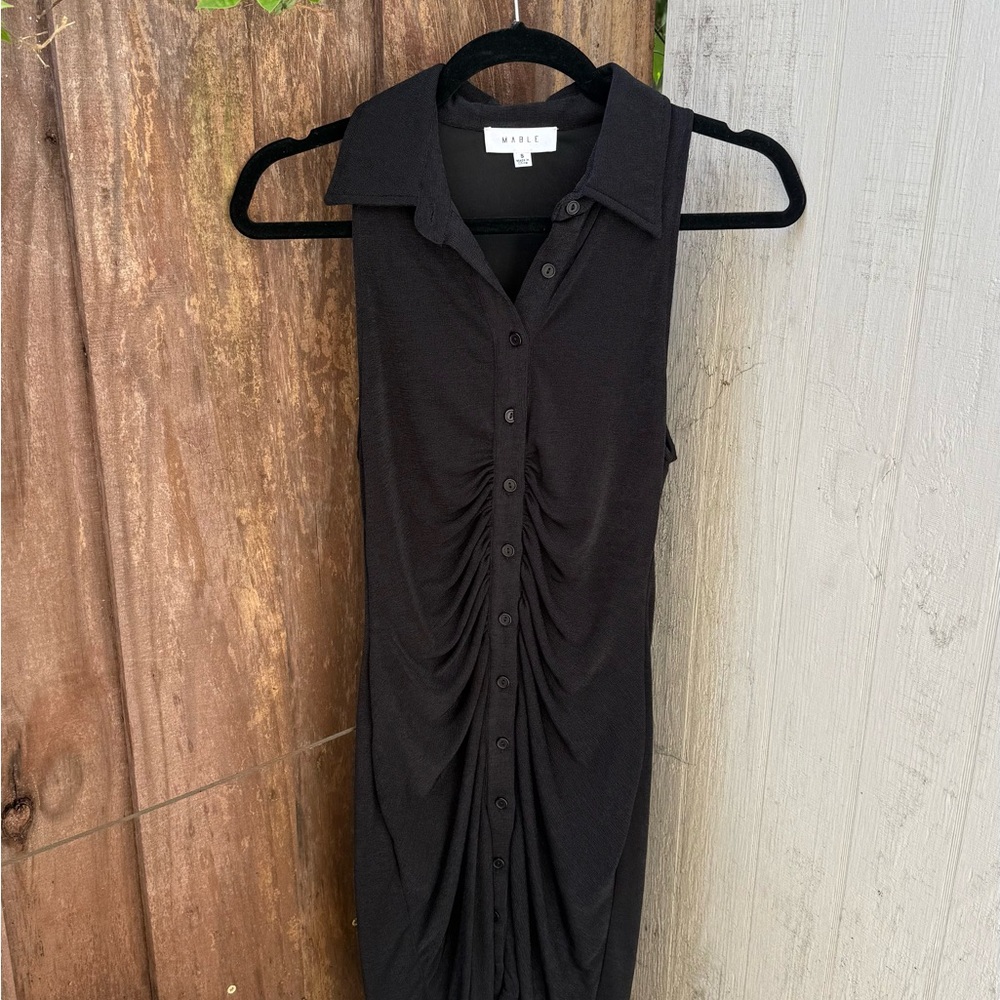 MARBLE Black Sleeveless Ruched Button-Front Midi Dress